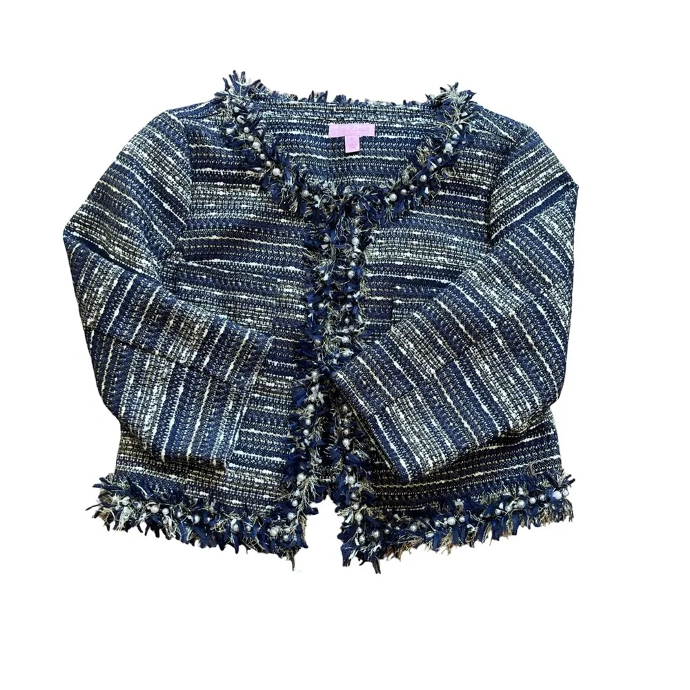 Lilly Pulitzer Woman’s Navy and White Tweed Blazer/Jacket Size 6 Career Chanel - Picture 2 of 8